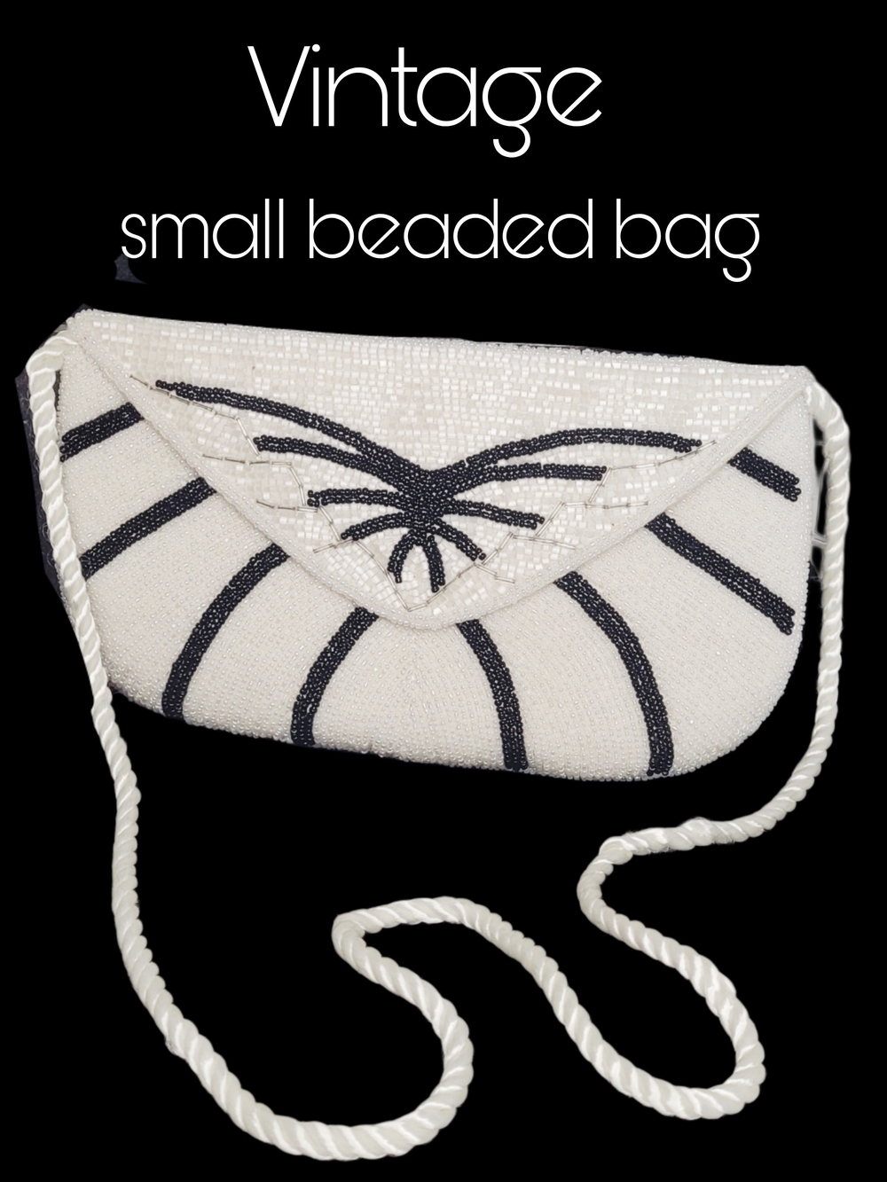 Vintage 1980s White, Black& Silver Seed Beaded Rope Shoulder Bag